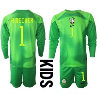 Echipament fotbal Brazilia Alisson Becker #1 Portar Tricou Deplasare Mondial 2022 pentru copii maneca lunga (+ Pantaloni scurti)